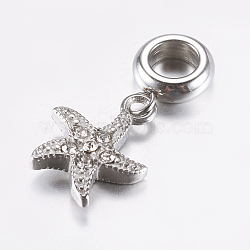 316 Surgical Stainless Steel European Dangle Charms, Large Hole Pendants, with Rhinestones, Starfish/Sea Stars, Antique Silver, 26.5mm, Hole: 5mm, Pendant: 15.5x12x3.5mm(STAS-E148-09AS)