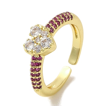 Rack Plating Brass Micro Pave Cubic Zirconia Cuff Rings, Long-Lasting Plated, Lead Free & Cadmium Free, Heart, Fuchsia, adjustable