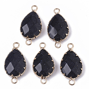 Natural Blue Goldstone Links connectors, with Golden Tone Brass Open Back Settings, Faceted, Teardrop, 26.5~27.5x14x6mm, Hole: 2mm