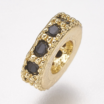 Brass Micro Pave Cubic Zirconia Bead Spacers, Flat Round, Black, Golden, 6x2mm, Hole: 2.5mm