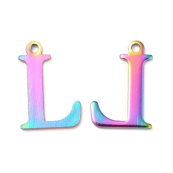 Ion Plating(IP) 304 Stainless Steel Alphabet Charms, Rainbow Color, Letter.L, 12x8x1mm, Hole: 1mm