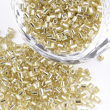 Grade A Glass Seed Beads, Hexagon(Two Cut), Silver Lined, Pale Goldenrod, 1.5~2.5x1.5~2mm, Hole: 0.8mm, about 2100pcs/bag, 450g/bag