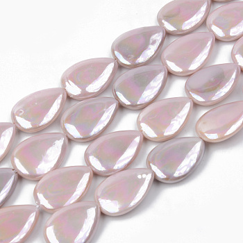 Electroplate Natural Freshwater Shell Beads Strands, Teardrop, Pink, 18x13x4mm, Hole: 1mm, about 23pcs/strand, 16.14 inch(41cm)
