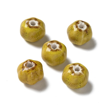 Vintage Porcelain Pumpkin Beads, Antique Style Glazed Ceramic Beads, Goldenrod, 12~12.5x10mm, Hole: 2.5mm