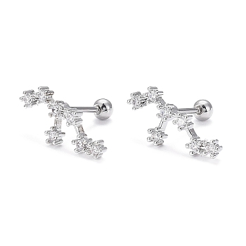 Brass Micro Pave Clear Cubic Zirconia Stud Earrings, with 304 Stainless Steel Pin and Ear Nut, Constellation/Zodiac Sign, Platinum, Leo, 15.5x6mm, Pin: 0.8mm