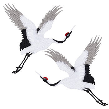 2Pcs 2 Style Crane Pattern Water Soluble Computerized Embroidery Cloth Sew on Appliques, Costume Accessories, Black, 225x200x1mm, 1pc/style