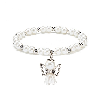 Glass & Plastic Imitation Pearl Beaded Stretch Bracelet with Alloy Fairy Charm for Women, White, Inner Diameter: 2-1/4 inch(5.7cm)