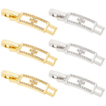 6Pcs 2 Colors Rectangle with Cross Rack Plating Brass Micro Pave Clear Cubic Zirconia Watch Band Clasps, Cadmium Free & Lead Free, Long-Lasting Plated, Platinum & Golden, 33x7x4mm, Hole: 4x3mm, 3pcs/color