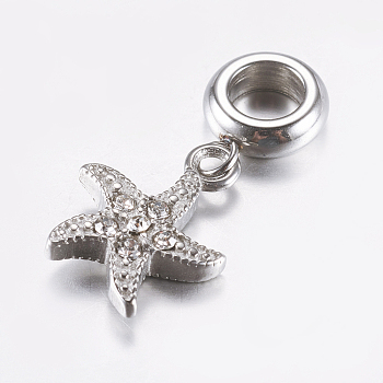 316 Surgical Stainless Steel European Dangle Charms, Large Hole Pendants, with Rhinestones, Starfish/Sea Stars, Antique Silver, 26.5mm, Hole: 5mm, Pendant: 15.5x12x3.5mm