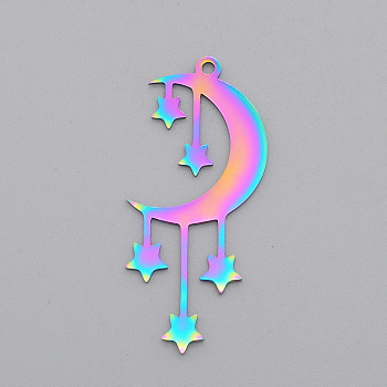 Ion Plating(IP) 201 Stainless Steel Pendants, Laser Cut, Moon with Star, Rainbow Color, 41.5x18x1mm, Hole: 1.8mm