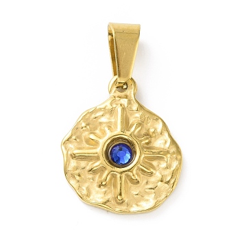 Vacuum Plating 304 Stainless Steel with Rhinestones Pendants, with 201 Stainless Steel Snap On Bails, Flat Round with Sun, Golden, Capri Blue, 18x15x4mm, Hole: 4x7.5mm
