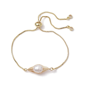 Natural Pearl Link Slider Braceket, with Brass Box Chains, Golden, Inner Diameter: 3-1/8 inch(7.9cm)