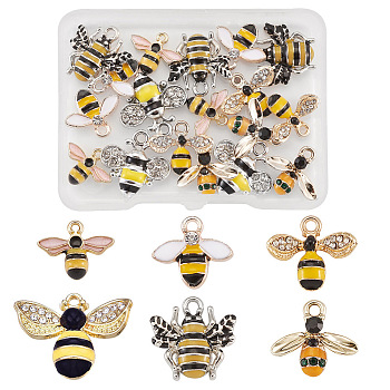 Alloy Enamel Pendants, with Rhinestones, Bees, Light Gold & Platinum, Yellow, 68x52x11mm, 24pcs/box