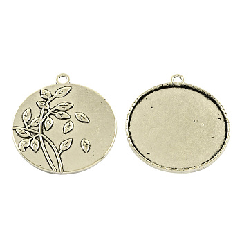 Tibetan Style Alloy Pendant Cabochon Settings, Flat Round with Branch and Leaves, Cadmium Free & Nickel Free & Lead Free, Antique Silver, 37x2mm, Hole: 3mm, Tray: 34mm