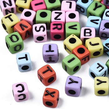 Opaque Acrylic Beads, Cube with Letter, Mixed Color, 4x4x4.5mm, Hole: 2mm, about 5000pcs/500g