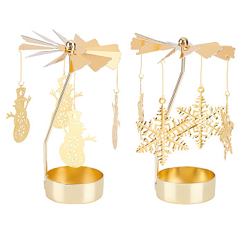 2 Sets 2 Style Iron Rotating Snowflake & Snowman Candlestick Tealight Candle Holder Sets, for Birthday Christmas Party Decoration, Golden, Finished Product: 125x78mm, pendant: 46~50.5x31~39x0.3~1mm, Hole: 1.6~2mm, 1 set/style