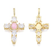 Brass Micro Pave Clear Cubic Zirconia Pendants, with Abalone Shell/Paua Shell, Nickel Free, Real 18K Gold Plated, Cross, Pink, 45.5x30x6.5mm, Hole: 4x7mm(KK-N227-108A)