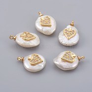 Natural Cultured Freshwater Pearl Pendants, with Cubic Zirconia and Brass Findings, Long-Lasting Plated, Heart, Real 18K Gold Plated, 14~21x9~16x5~9mm, Hole: 1.5mm(PEAR-F008-15G)
