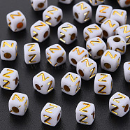 Opaque White Acrylic Beads, Metal Enlaced, Cube with Letters, Letter.Z, 4.5mm, Hole: 2mm, about 5000pcs/500g(MACR-Q242-010Z)