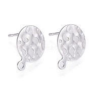 304 Stainless Steel Stud Earring Findings, with Loop, Textured, Matte Style, Flat Round, Stainless Steel Color, 13x10x0.6mm, Hole: 1.4mm, Pin: 0.6mm(STAS-P245-29P)