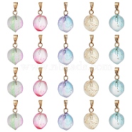 20Pcs 5 Colors Two Tone Transparent Spray Painted Glass Pendants, with Golden Plated Iron Bails and Gold Foil, Frosted, Peach Charms, Mixed Color, 16~17x11~12x11~12mm, Hole: 6x2mm, 4Pcs/color(GLAA-YW0001-95)