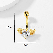 Stylish Heart with Angel Wings Stainless Steel Pave Clear Cubic Zirconia Belly Button Ring for Women Men, Golden(KH5304)