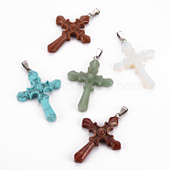 Natural & Synthetic Mixed Gemstone Big Pendants, with Platinum Brass Bails, Cross, 55~56.5x39.5~40.5x8.5~9.5mm, Hole: 3x8.5mm(G-T122-41)