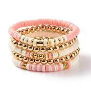 5Pcs 5 Style Synthetic Hematite & Polymer Clay Heishi Beads Stretch Bracelets Set, Yoga Surfering Stackable Bracelets for Women, Pink, Inner Diameter: 2-1/8~2-1/4 inch(5.5~5.7cm)(BJEW-JB07533-04)