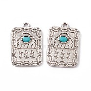 Synthetic Turquoise Pendants, Rectangle Charms with Moon, with Rack Plating Alloy Findings, Antique Silver, 34x23x4mm, Hole: 2.5mm(PALLOY-D013-13AS)