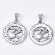 201 Stainless Steel Pendants, with Random Size Snap On Bails and Polymer Clay Crystal Rhinestones, Flat Round with Yoga/Aum/Om Symbol, Stainless Steel Color, 23x20x2~3mm, Hole: 7~10x3~5mm(STAS-N089-86P)