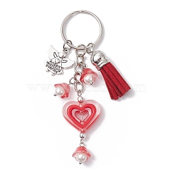 Heart Acrylic Keychain,  with Faux Suede Tassel & Angel Alloy Pendants and Iron Split Key Rings, FireBrick, 9.8cm, Pendants: 15~47x10~23x6mm(KEYC-JKC00711-03)