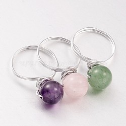 Natural Gemstone Beaded Finger Rings, with Silver Color Plated Aluminum Finger Ring Settings, 18mm(X-RJEW-JR00150)