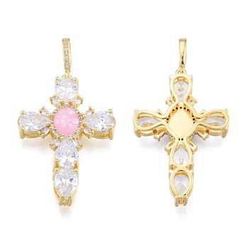 Brass Micro Pave Clear Cubic Zirconia Pendants, with Abalone Shell/Paua Shell, Nickel Free, Real 18K Gold Plated, Cross, Pink, 45.5x30x6.5mm, Hole: 4x7mm
