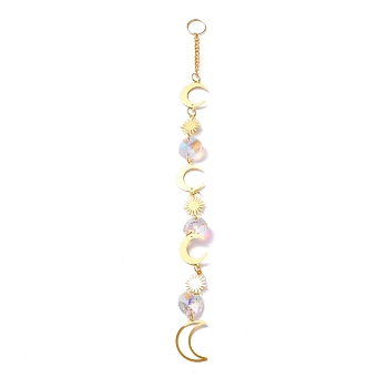 Hanging Crystal Aurora Wind Chimes, with Prismatic Pendant and Moon & Sun Iron Link, for Home Window Chandelier Decoration, Golden, 250x2.5mm