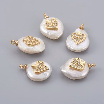 Natural Cultured Freshwater Pearl Pendants, with Cubic Zirconia and Brass Findings, Long-Lasting Plated, Heart, Real 18K Gold Plated, 14~21x9~16x5~9mm, Hole: 1.5mm