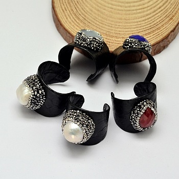 Snakeskin Imitation Leather Cuff Rings, Open Rings, with Polymer Clay Rhinestone, Shell, Pearl, Gemstone, Jade Beads, Black, 21mm