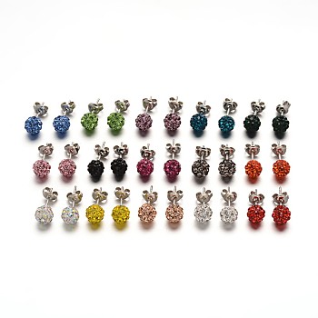 Polymer Clay Rhinestone Ball Stud Earrings, with Stainless Steel Stud Earring Findings, Stainless Steel Color, Mixed Color, 6mm, Pin: 0.8mm