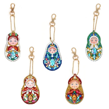 DIY 5D Matrioska Doll Diamond Painting Key Chain Kits, with Tray Plate, Drill Pen, for Art Craft DIY Supplies, Mixed Color, 75.5x46.5x0.7mm