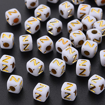 Opaque White Acrylic Beads, Metal Enlaced, Cube with Letters, Letter.Z, 4.5mm, Hole: 2mm, about 5000pcs/500g