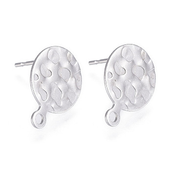 304 Stainless Steel Stud Earring Findings, with Loop, Textured, Matte Style, Flat Round, Stainless Steel Color, 13x10x0.6mm, Hole: 1.4mm, Pin: 0.6mm