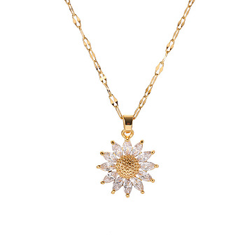 Glass Sunflower Pendant Necklaces, Titanium Steel Dapped Chain Necklace, Golden, 19.69 inch(50cm)
