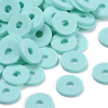 Handmade Polymer Clay Beads, Disc/Flat Round, Heishi Beads, Aquamarine, 8x0.5~1mm, Hole: 2mm, about 13000pcs/1000g