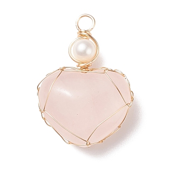 Natural Rose Quartz & Freshwater Pearl Pendants, with Real 18K Gold Plated Copper Wire Wrapped, Heart, 33~36.5x24.5x8.5~11.5mm, Hole: 4mm
