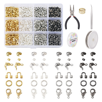DIY Jewelry Making Findings Kit, Including Brass Crimp Beads & Wire Guardians & Crimp Beads Covers & Jump Rings & Lobster Claw Clasp, Iron Bead Tips, Tail Wire, Elastic Thread, Pliers, Tweezers, Mixed Color