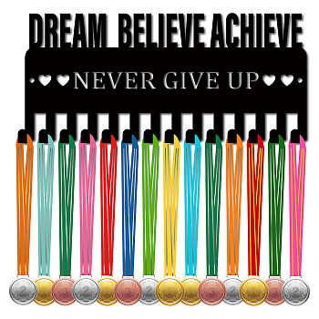 Iron Medal Holder Frame, Medals Display Hanger Rack, 14 Hooks, with Screws, Word Dream Believe Achieve Never Give Up, Word, 130x290mm