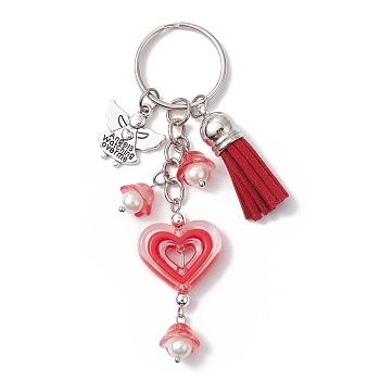 Heart Acrylic Keychain,  with Faux Suede Tassel & Angel Alloy Pendants and Iron Split Key Rings, FireBrick, 9.8cm, Pendants: 15~47x10~23x6mm
