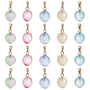 20Pcs 5 Colors Two Tone Transparent Spray Painted Glass Pendants, with Golden Plated Iron Bails and Gold Foil, Frosted, Peach Charms, Mixed Color, 16~17x11~12x11~12mm, Hole: 6x2mm, 4Pcs/color