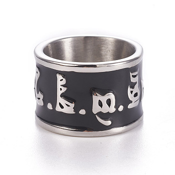 304 Stainless Steel Wide Band Rings, with Enamel, Om Mani Padme Hum, Stainless Steel Color, Size 8~11, 18~21mm