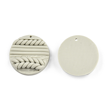 Handmade Polymer Clay Pendants, Flat Round with Leaf, Dark Khaki, 30x7.5~8mm, Hole: 1.8mm