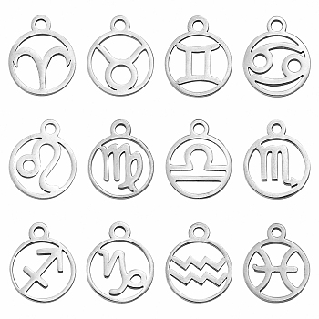 12Pcs 12 Style 201 Stainless Steel Charms, Stainless Steel Color, Flat Round with Constellation, 12 Constellations, 13.4x10.8x1mm, Hole: 1.5mm, 1pc/style